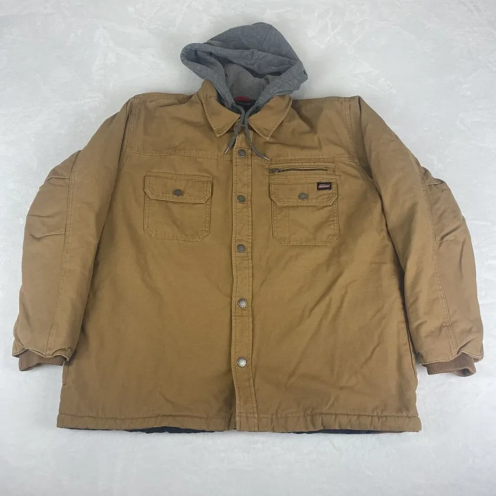 Dickies Jacket Mens Extra Large Brown Hooded Quilted Lined Duck Canvas Full Zip